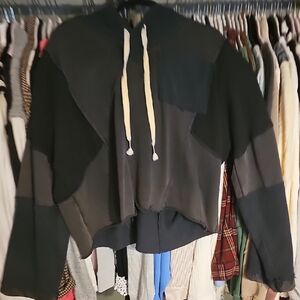 Cropped Patchwork Hoodie in Black and Dark Gray/navy